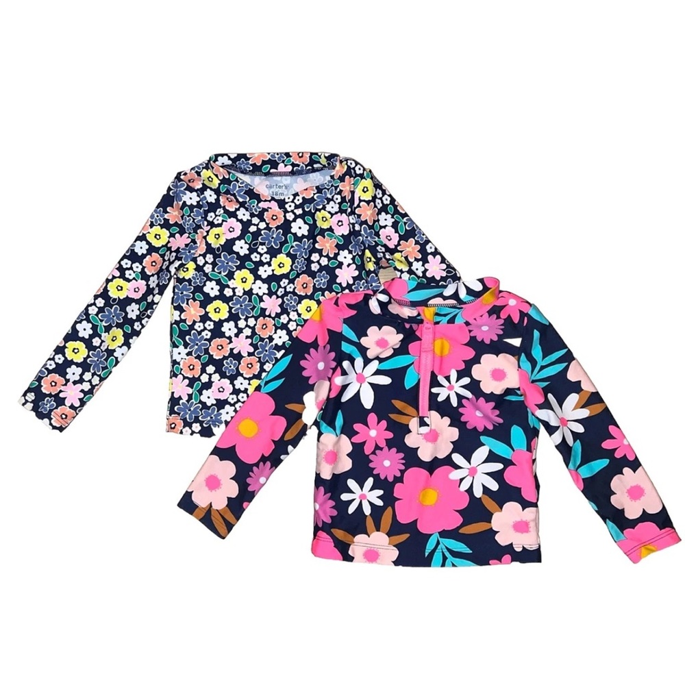 Carter’s Baby Girl Lot Of 2 Floral Rash Guards Sun Protection Swim Shirts 18M